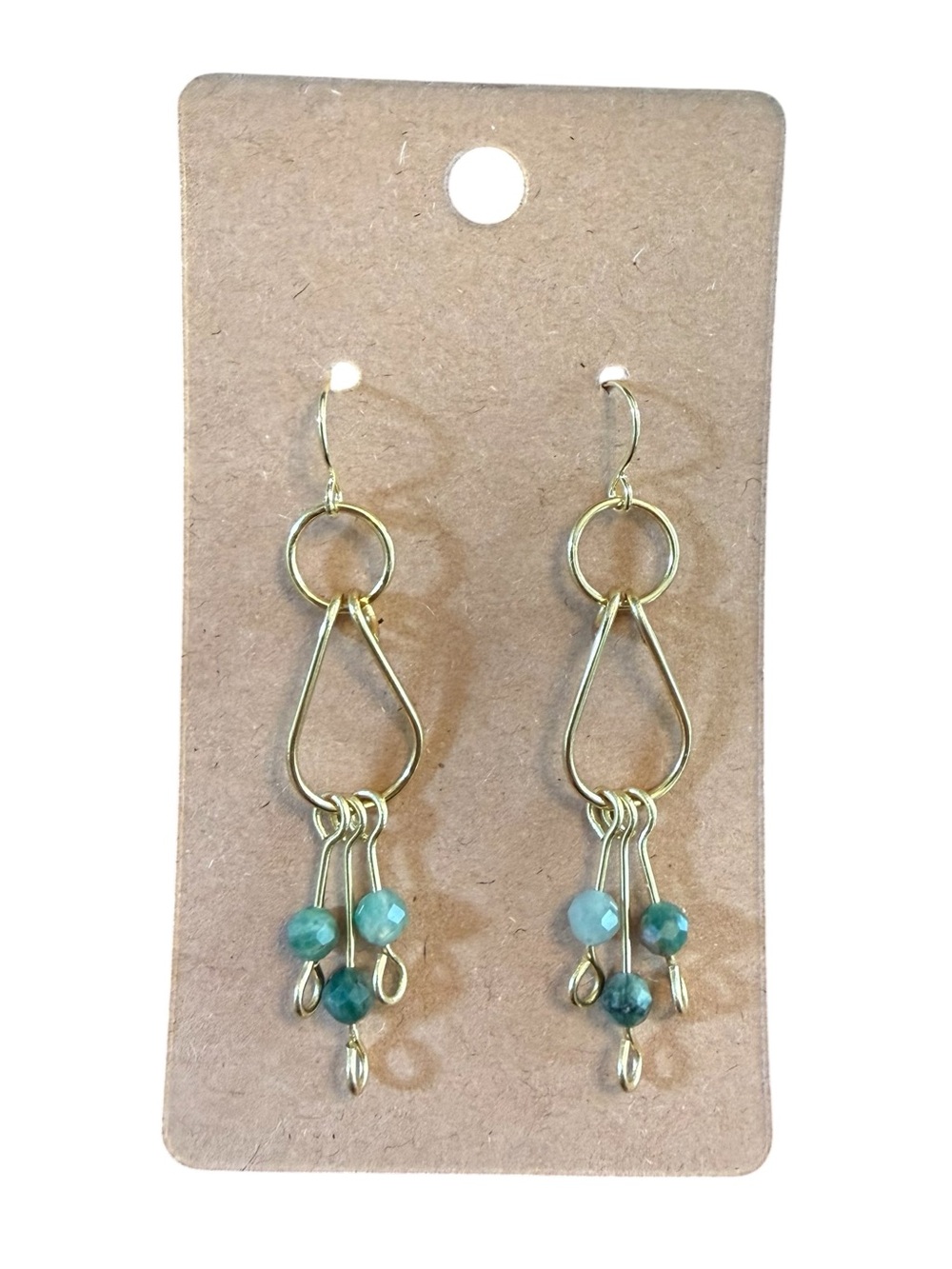 Brass Teardrop Dangle Earrings with Emerald Stone Beads 14k Gold Hooks Jewelry